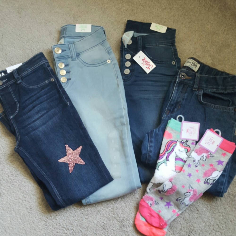 NWT Justice Girls 7/8 Denim Pants Jeans Lot Socks